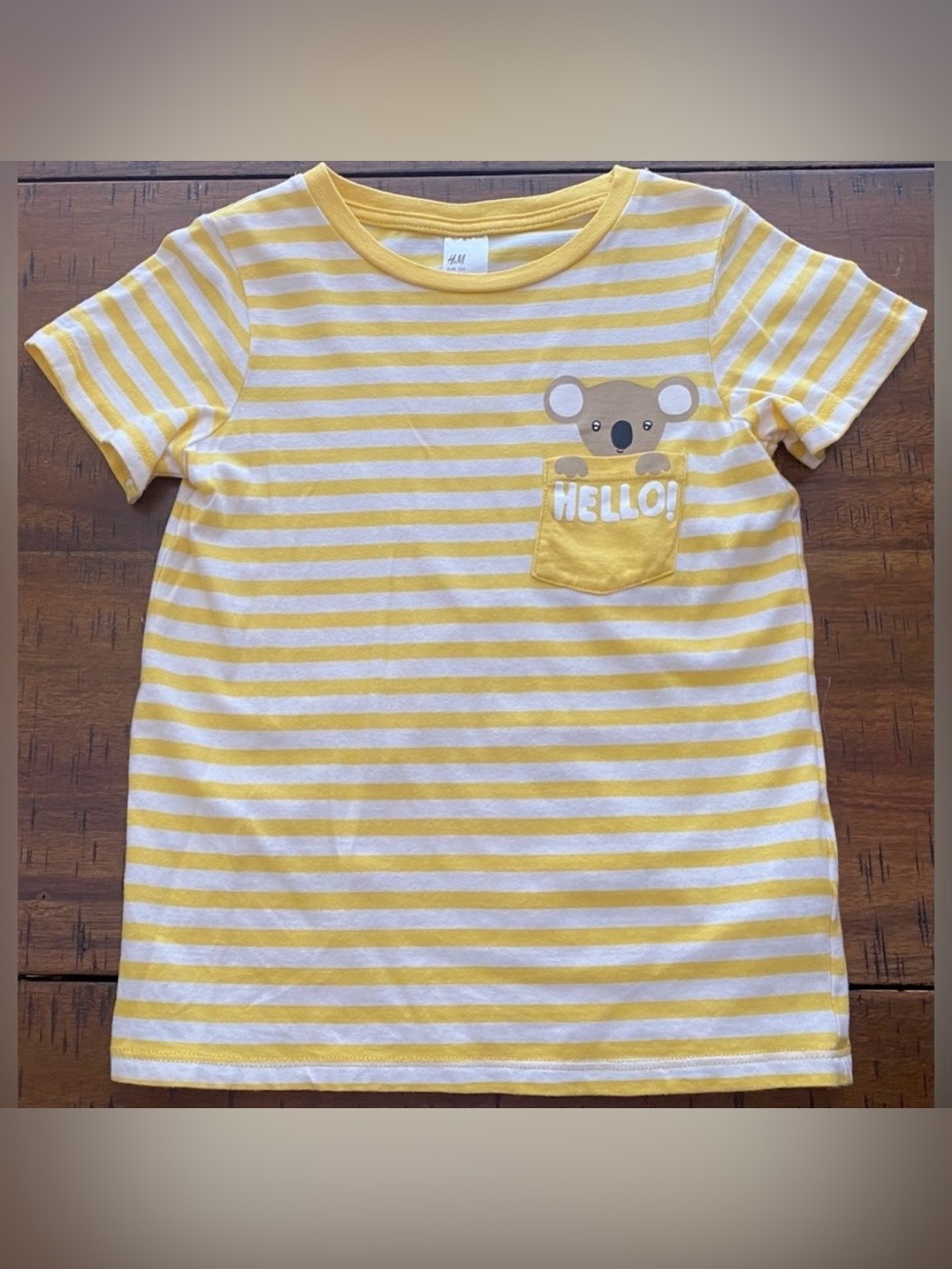 •EUC•H&M Short Sleeve Koala Chest Pocket Yellow White Striped Tee- 3-4 Y